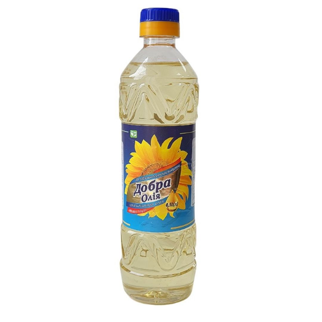 BUTELKA 500 ml BUTELKA 0,5 l Olej słonecznikowy rafinowany Pojemność: 0,5 L Waga netto: 460 g Okres przydatności do spożycia: 24 miesiące (8°С - 20°С)