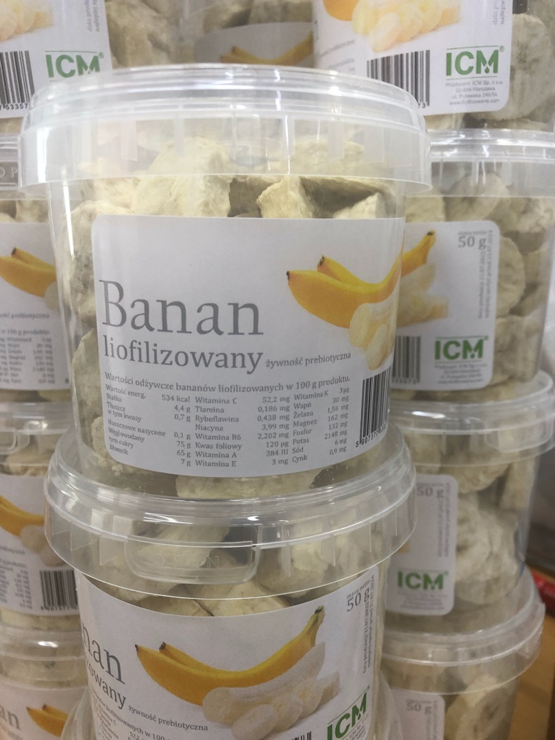 Banan liofilizowany w opakowaniach 50g, z saszetką absorpcyjną w opakowaniu, cena za opakowanie 8,75 PLN netto