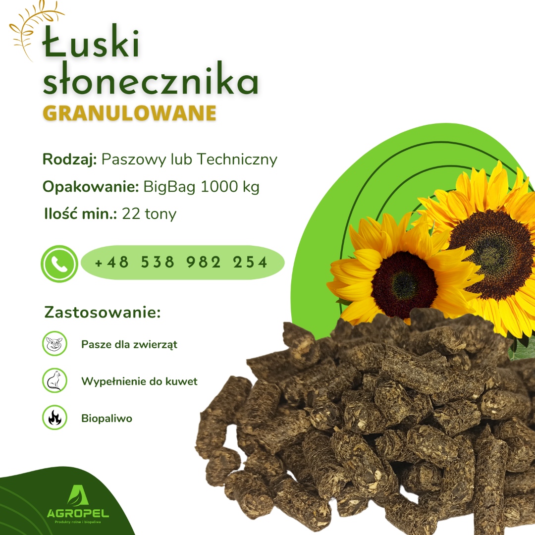 GRANULAT SŁONECZNIKOWY Oferujemy w ciągłej sprzedaży granulat z łusek słonecznika o grubości 8 mm