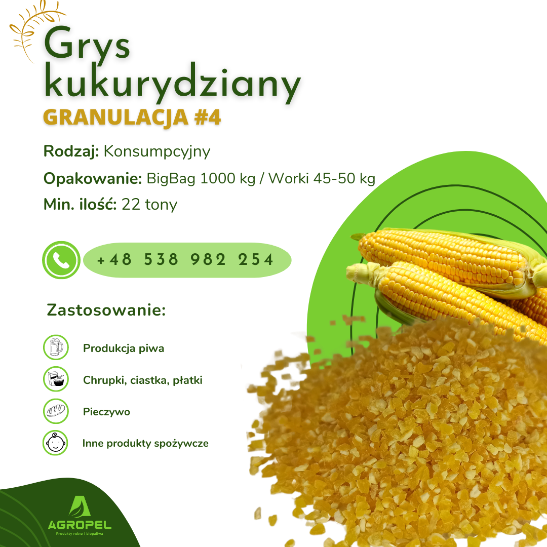GRYS KUKURYDZIANY Oferujemy w ciągłej sprzedaży grys kukurydziany #4, #5 i EXTRA #1