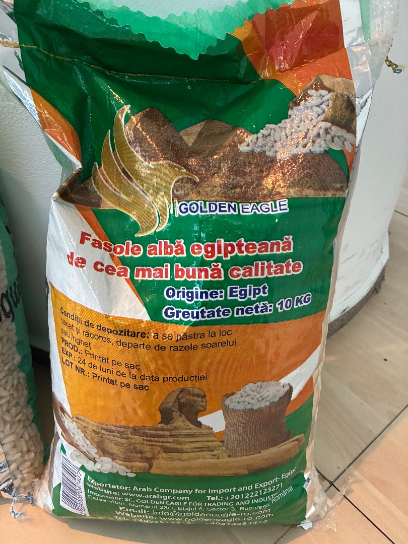 Fasola biała, worek 10 kg, jakość A, 180-200/100 g, zbiór grudzień 2025 r., kraj pochodzenia Egipt, cena 1,3 euro/kg bez VAT