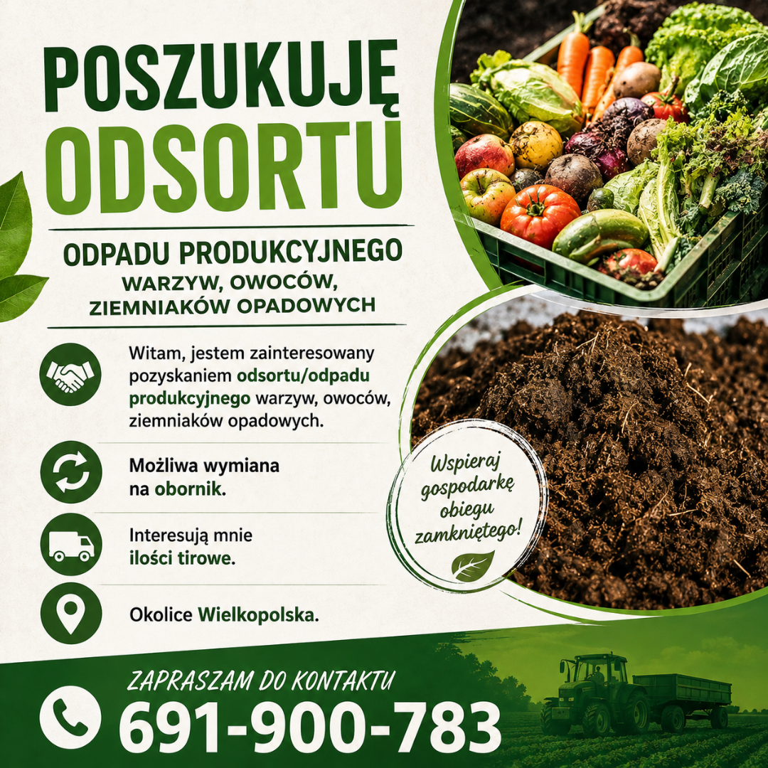 Witam, jestem zainteresowany pozyskaniem odsortu/odpadu produkcyjnego warzyw, owoców, ziemniaków opadowych