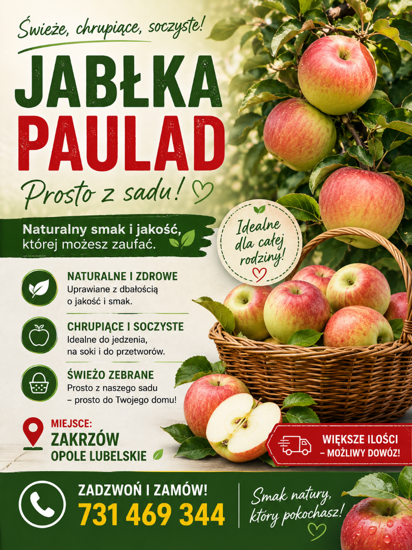 Oferuję świeże, soczyste i chrupiące jabłka odmiany Paulad – idealne do jedzenia, na soki oraz domowe przetwory